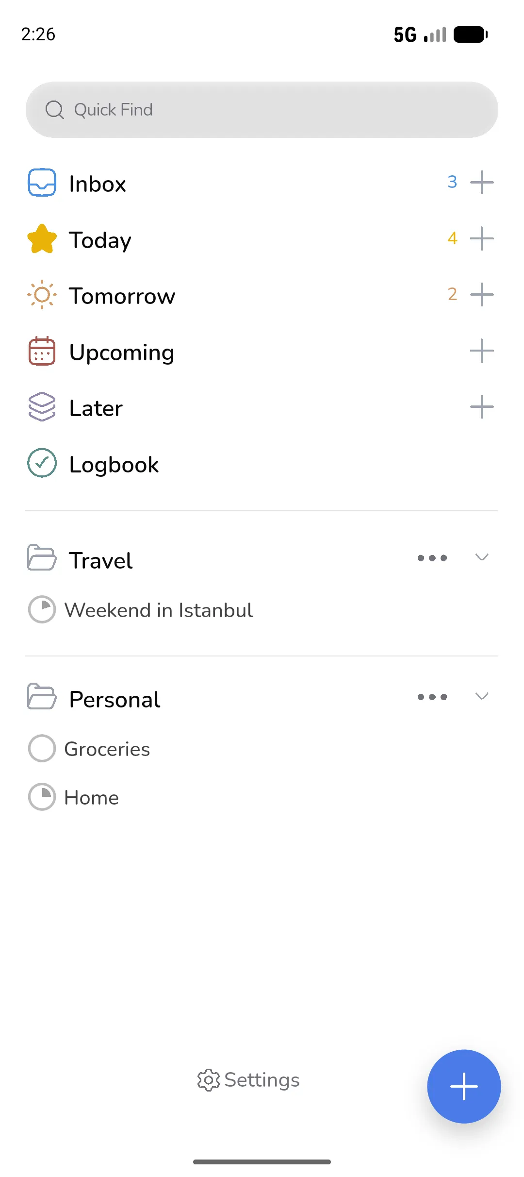 Tamoom home: Inbox, Today, lists, and folders