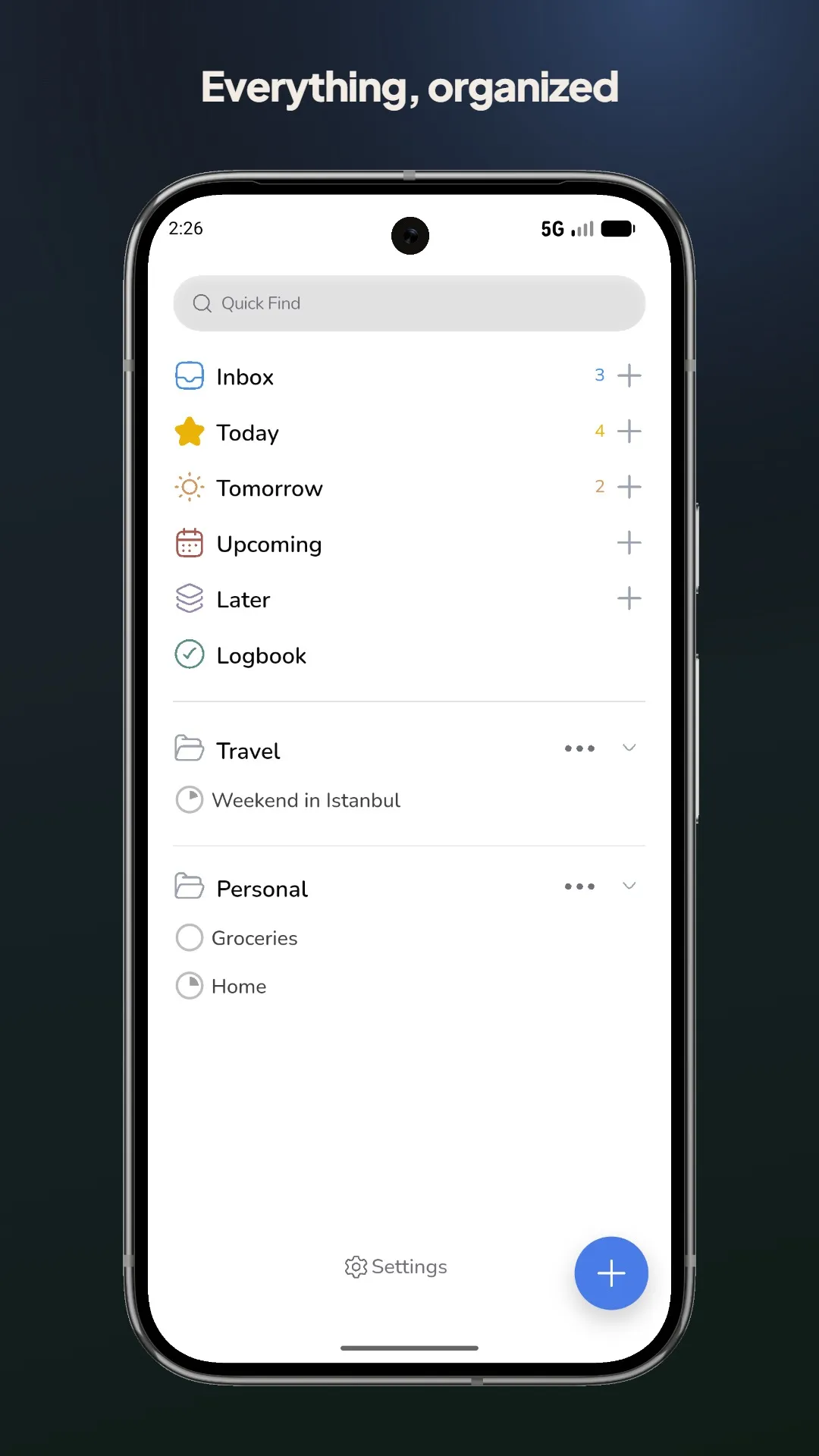 Tamoom home with Inbox, Today, lists, and folders