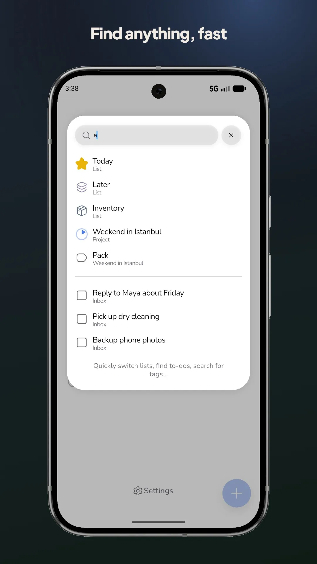 Tamoom Quick Find — search lists, projects, and tasks