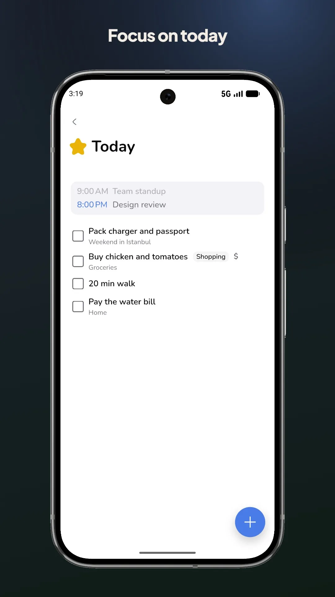 Tamoom Today list with scheduled tasks