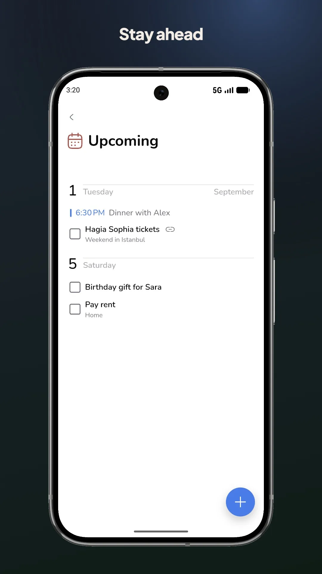 Tamoom Upcoming calendar of tasks