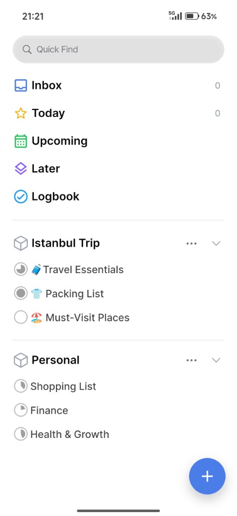 Tamoom home sidebar with inbox, lists, and folders