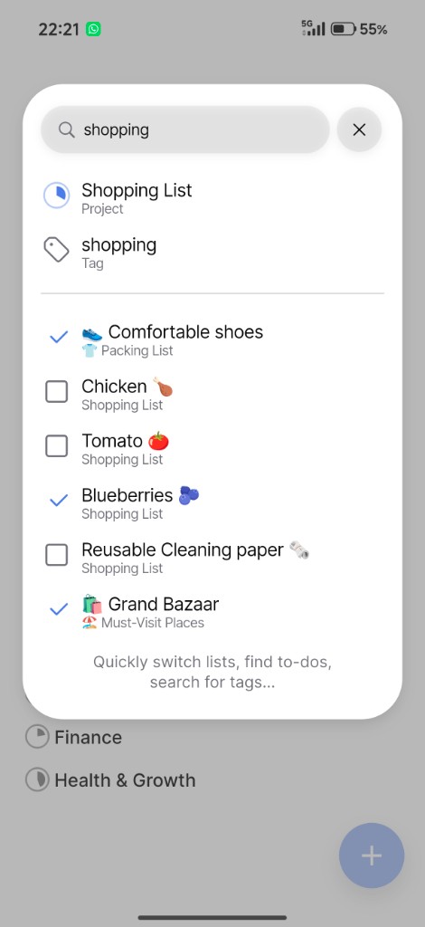 Tamoom quick search across lists and tasks
